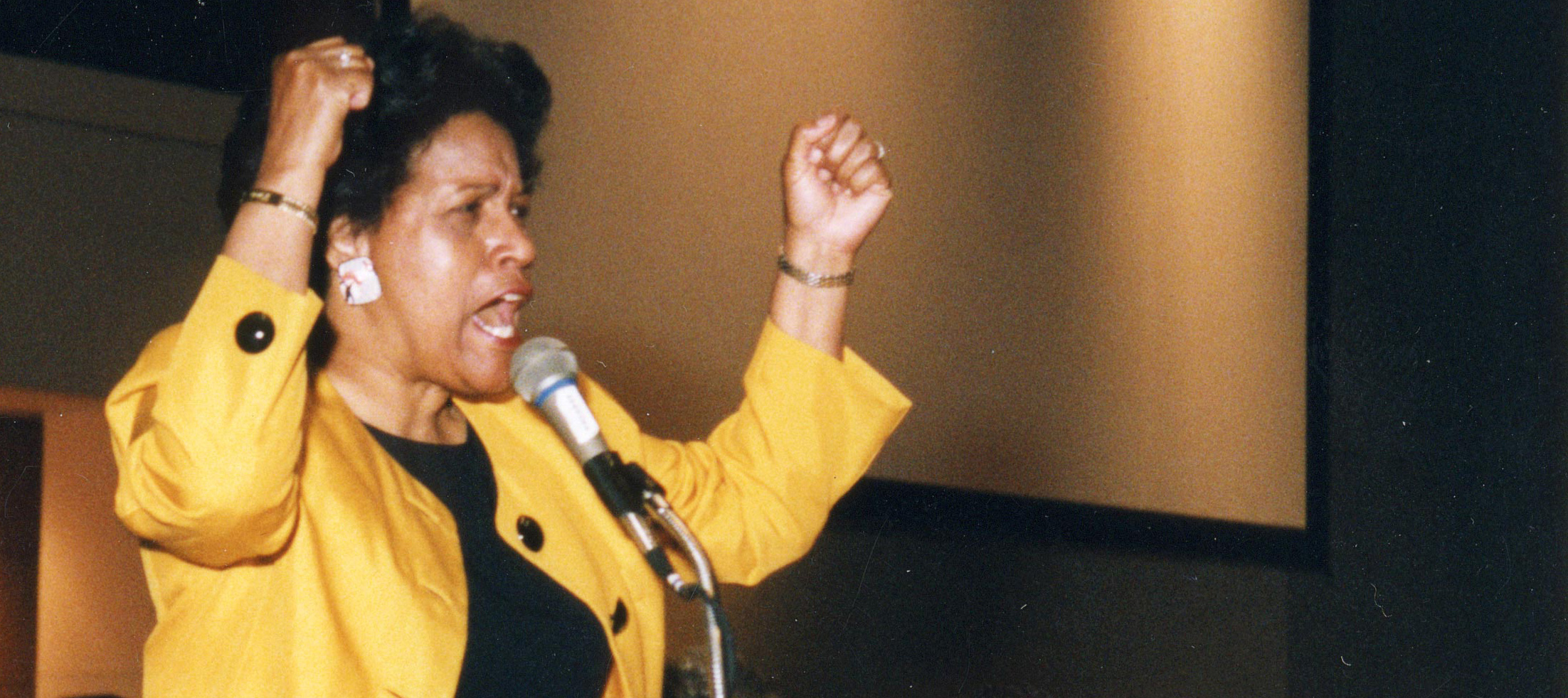 Image of Reena Evers speaking passionately to an audience.